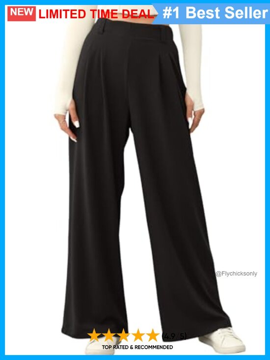 Pants - Waffle Knit Wide Leg Palazzo Work Pants with Pockets High Rise